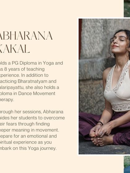 A brief introduction to my background, holding a PG Diploma in Yoga and a diploma in Dance Movement Therapy. This highlights my qualifications and my approach to guiding students on an emotional and spiritual journey.