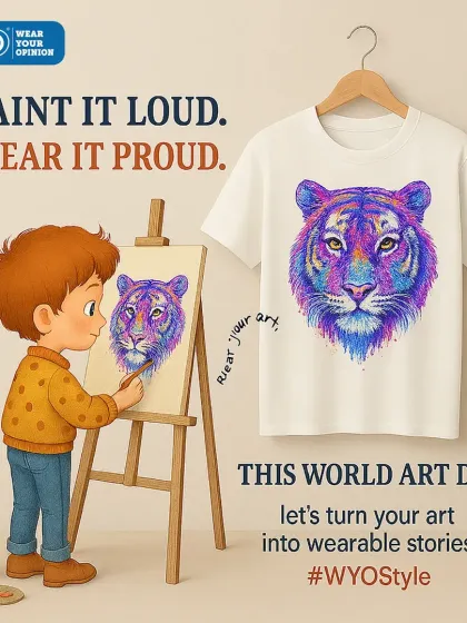 Paint it loud, wear it proud. This World Art Day promo shows how you can turn your own art into a wearable story on one of my t-shirts.