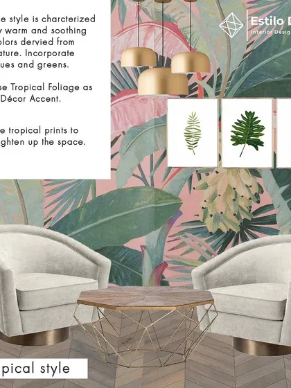 This mood board explores the Tropical style, perfect for creating a relaxing, nature-inspired space. It highlights the use of colors derived from nature, tropical foliage prints, and natural textures to brighten up any room.