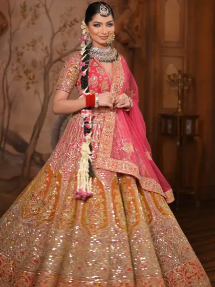 A joyful, twirling shot that shows how the makeup and hair are designed to look beautiful in motion. The long, floral-adorned braid is a key feature of this traditional look.