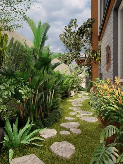 We believe a garden path should be an invitation to explore. For this villa project, we designed a winding stone pathway through a dense, tropical side yard. This approach turns a simple walkway into a journey, creating a sense of discovery and making the garden feel larger and more immersive.