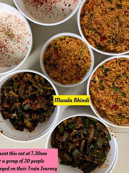 An early morning order for a group of 20 traveling by train. I packed Masala Bhindi and Tawa Pulao to be enjoyed on their journey.