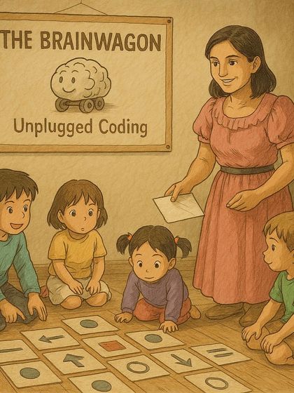 We love to imagine our unplugged coding classes through the whimsical lens of Studio Ghibli. This artwork captures the gentle, focused magic of learning foundational coding concepts through floor games and interactive play.