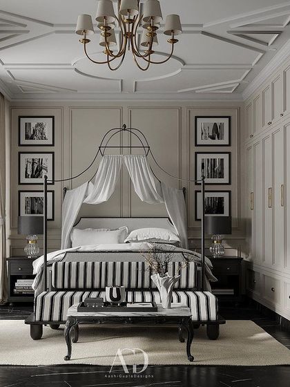 The full view of the Art Deco bedroom, showcasing the intricate geometric pattern on the ceiling. The design is a study in bold contrasts and refined luxury, perfect for a client with a flair for the dramatic.