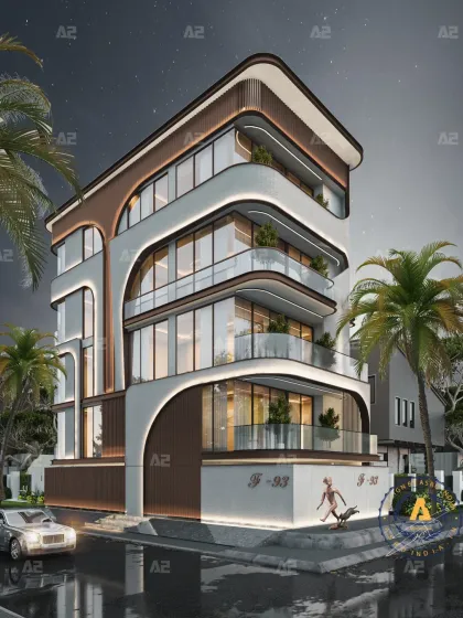 This 190 sq. yd. corner plot in Vikaspuri, Delhi, blends modern aesthetics with timeless elegance. The facade showcases a powerful interplay of earthy brown tones and crisp white shades, balancing bold curves with clean lines.