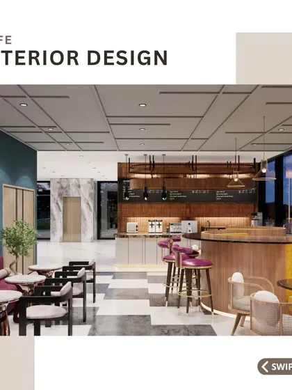 This perspective shows the customer's journey through the space, looking from the main seating area towards the service counter. The design ensures clear pathways and sightlines, making the cafe easy to navigate for both customers and staff.