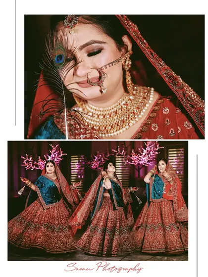 An album page showing the bride's playful and elegant poses, one with a peacock feather.
