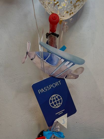 A close-up of the hanging decorations, including a passport and a watercolor-style airplane, adding to the whimsical travel theme of this custom birthday gift.