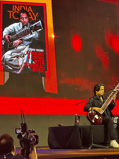 Performing at the India Today Conclave, with a backdrop featuring my article in the magazine. I am grateful for their belief in my vision.