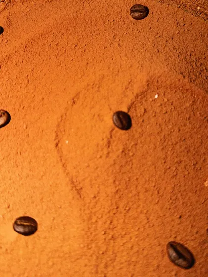 A close-up shot of the cocoa powder and coffee bean topping on my Tiramisu, showing the rich texture and color.
