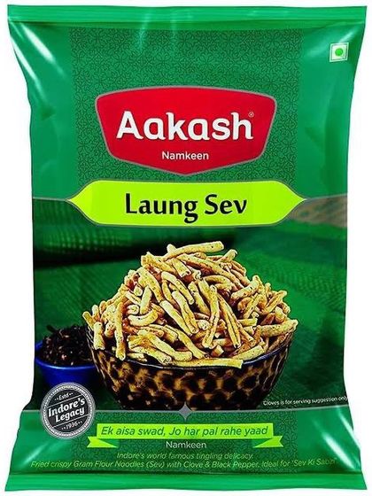 The Laung Sev from Aakash Namkeen, a popular Indori snack. These fried gram flour noodles are seasoned with clove and black pepper for a unique, aromatic taste.