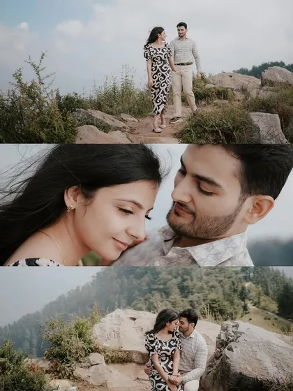 This collage showcases the couple's chemistry with a mix of walking shots, close-ups, and intimate embraces, all set against the stunning backdrop of the mountains.