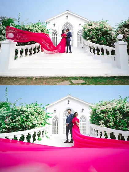 For couples who dream of a fairytale, I create scenes straight out of a movie. This shot, with its dramatic flowing gown against a pristine white backdrop, showcases a glamorous and elegant pre-wedding photography style.