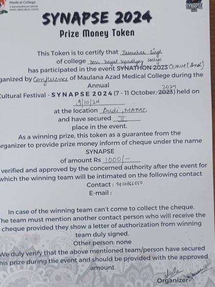 The prize money token from the SYNAPSE 2024 cultural festival. While the prize is appreciated, the experience of performing and sharing my music is the true reward.