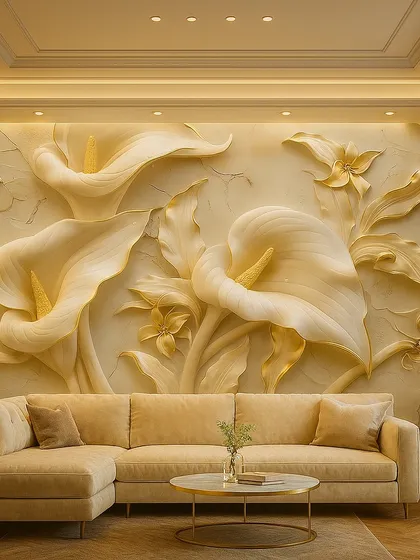 A stunning 3D mural of large, golden-yellow calla lilies. The embossed design and warm lighting create a luxurious and inviting ambiance in this living room.