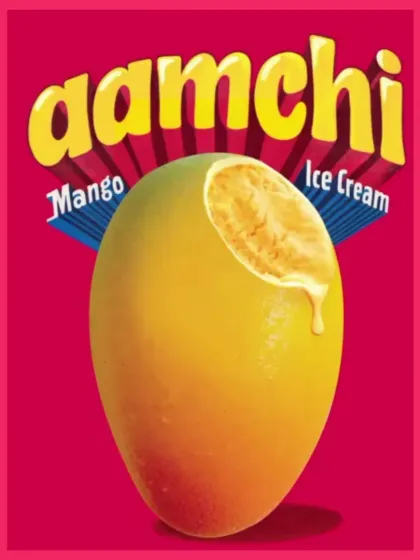 Another design for "Aamchi Mango Ice Cream," this time showing the ice cream scooped inside a mango shell. This style is reminiscent of old-school Indian product advertising.