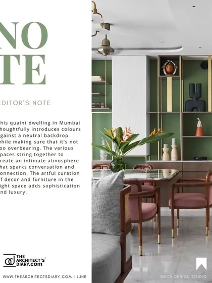 The editor's note from The Architect's Diary, praising the artful curation of colors, decor, and furniture in the home.