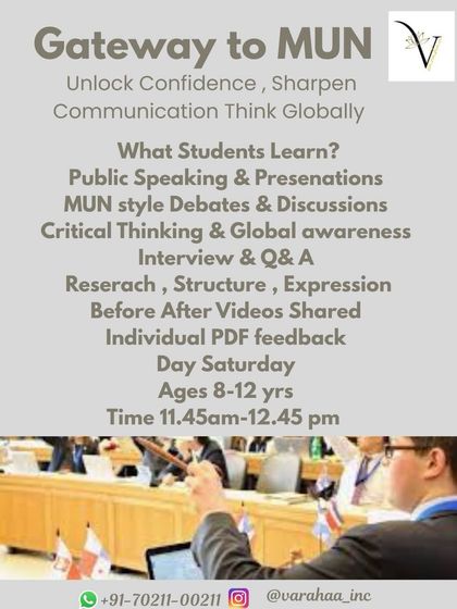 This flyer details our 'Gateway to MUN' workshop, a beginner-friendly online program for kids aged 8-12. It's a great space to learn about MUN procedures, public speaking, and global awareness in a relaxed environment.