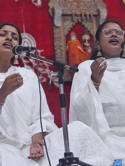 The journey of a student culminates in moments like these. Here, two of my disciples, the Nair sisters, perform together at our Swarveni Utsav, their voices united in harmony. This is the beauty of the Guru-Shishya parampara, where dedication blossoms into artistry.