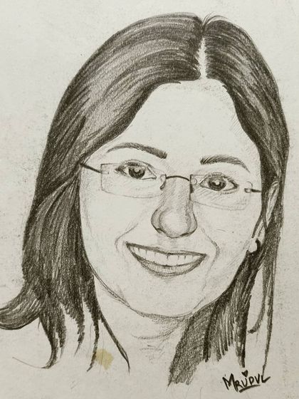 A pencil portrait of a woman with glasses. Details like these are important for capturing a person's true likeness and character.
