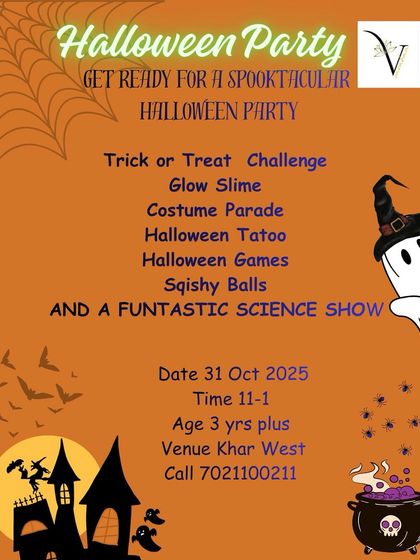 My Halloween parties are a spooktacular blend of fun and science. This flyer outlines the activities, including making glow slime, a costume parade, and a fantastic science show with creepy, cool experiments.