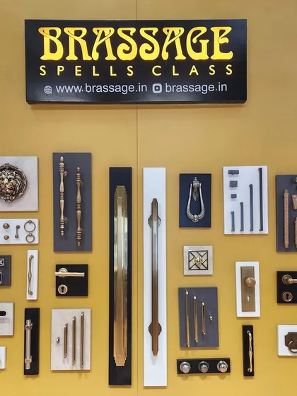 A closer look at the display wall, featuring a mix of door pulls, lever handles, and our iconic lion-head knocker.
