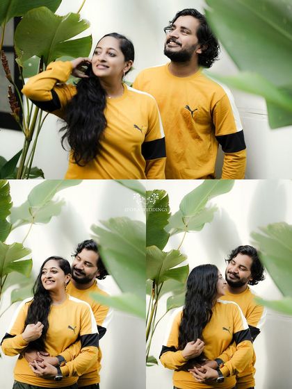 A collage of the couple in their matching outfits, sharing hugs and sweet glances against a backdrop of large green leaves.