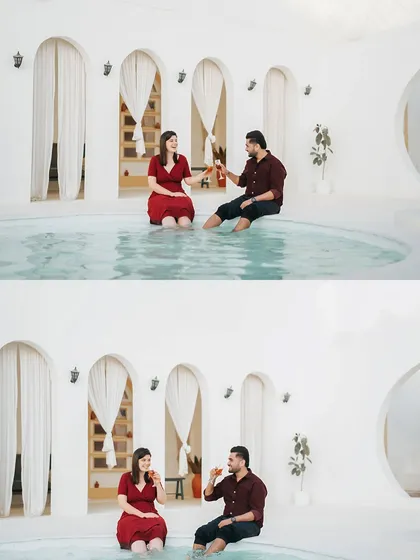 Two shots of the couple toasting by the pool, celebrating their upcoming wedding in a fun and stylish setting.