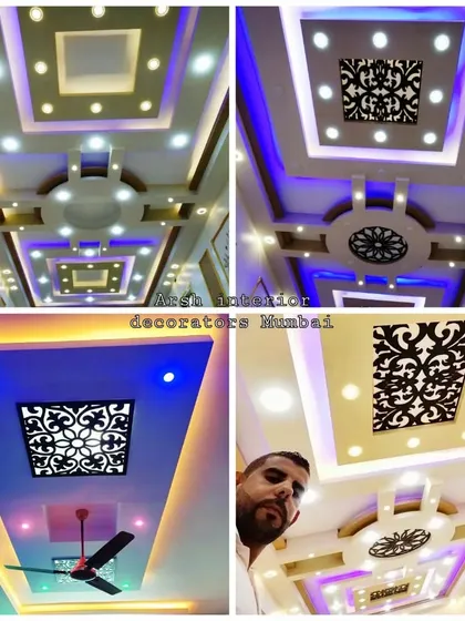 This collage showcases my expertise in creating grand, gypsum false ceilings with intricate 'jaali' work and dramatic lighting.
