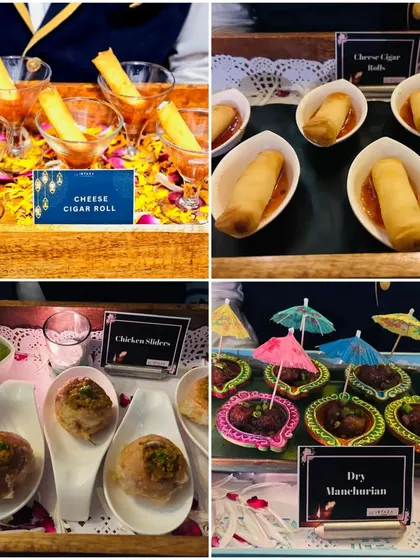 A collage showcasing four different appetizer presentations, from Cheese Cigar Rolls in glasses to Dry Manchurian in festive diyas. This highlights my creative and versatile approach to serving food.