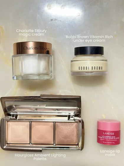 It's all about that glow and prep. A magic cream, a vitamin-rich eye cream, a beautiful highlighter palette, and a lip mask are non-negotiables for luminous skin.