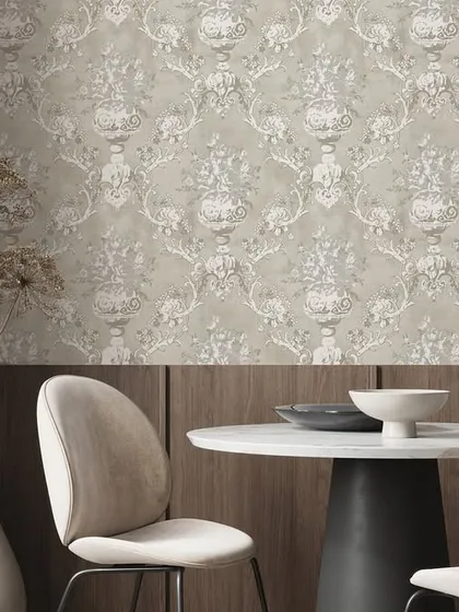 A classic damask wallpaper in a muted green, paired with modern dining furniture. This combination of old and new creates a dining space that feels both timeless and contemporary.