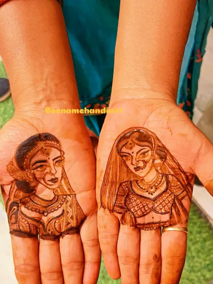 A side-by-side view of two bridal portraits on the palms. This is a great way to practice symmetry and consistency in figure work.