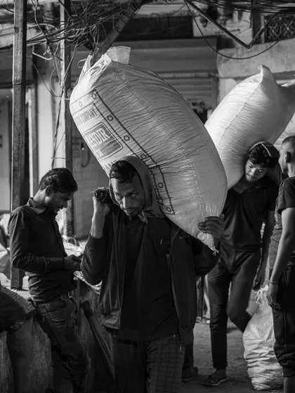 Laborers carry heavy sacks through the crowded lanes of the spice market. This candid black and white photo captures the relentless energy and hard work that defines Khari Baoli.