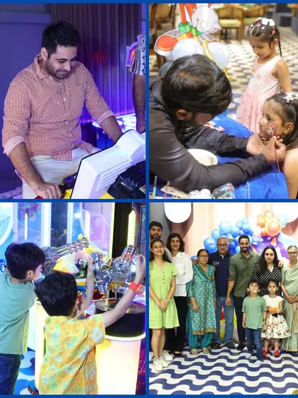 Even the parents get in on the fun! This collage shows guests enjoying the arcade games, face painting, and posing for pictures at the Sonic-themed celebration.