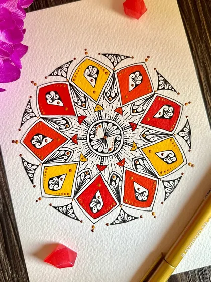 Inspired by the joy of Makar Sankranti, this mandala uses the bright colors of kites against the sky. The red and yellow shapes create a feeling of movement and celebration, capturing the spirit of the festival.