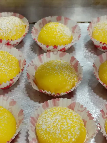These are my Mango Mochi, a soft and chewy Japanese-inspired dessert. The outer mochi layer is filled with a sweet and smooth mango-flavoured centre.