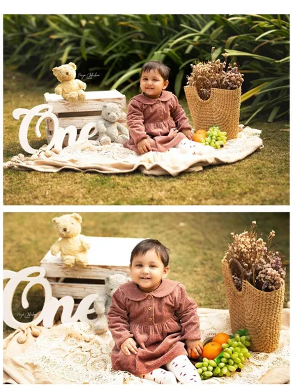 Two sweet portraits from a first birthday picnic setup. The 'One' sign and teddy bears add a classic touch to this charming outdoor milestone session.