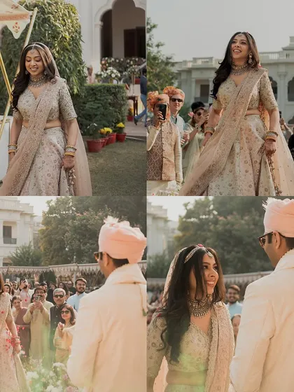 The walk down the aisle. This collage captures the bride's joyful entrance, looking radiant and completely herself.