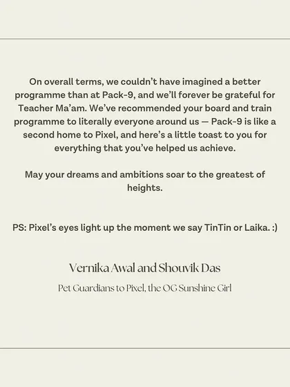 The conclusion of Pixel's family's heartfelt letter, recommending our program to everyone.