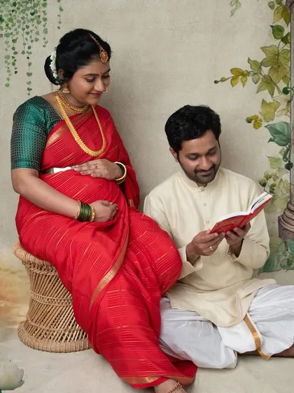 A sweet moment of connection as the father-to-be reads to the baby bump. This painting-style couple portrait tells a beautiful story of their journey to parenthood.