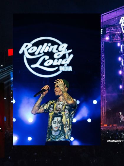 A collage featuring Central Cee performing under the Rolling Loud India sign, combining a close-up with a wider stage view.