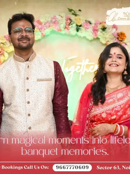 We believe in turning magical moments into lifelong memories. This photo captures a happy couple during their celebration, framed by our signature floral arch and soft lighting, reflecting the warm and celebratory atmosphere we cultivate.