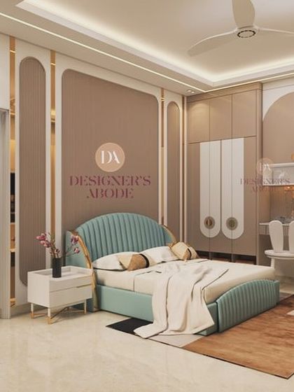 This bedroom design for a young adult seamlessly integrates a study nook with floor-to-ceiling wardrobes. The use of beige louvered paneling and SS metal strips adds a touch of modern elegance.