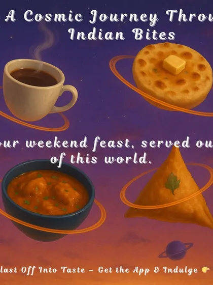 A cosmic journey through Indian bites. This creative graphic sends chai, naan, curry, and samosas into orbit. Your weekend feast, served out of this world.