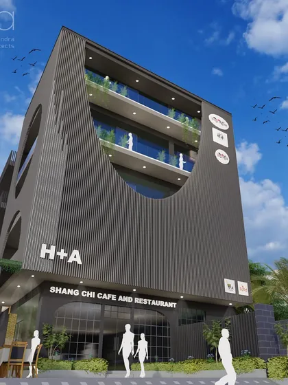 This render shows the Shang Chi Cafe concept with a dark grey or black aluminum fin facade. This option gives the building a sharp, contemporary, and sophisticated character, contrasting with the green elements on the balconies.