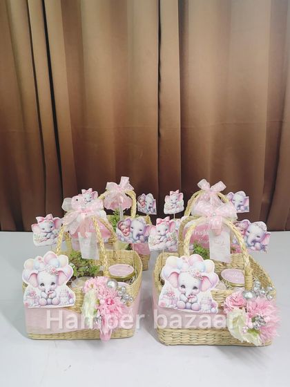 A trunk full of love for Trishika! These baby elephant-themed hampers were made using beautiful and sturdy cona baskets.