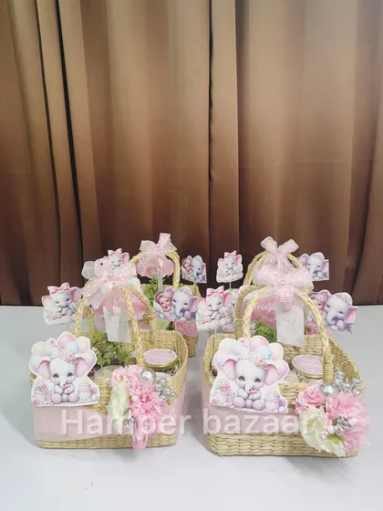 A trunk full of love for Trishika! These baby elephant-themed hampers were made using beautiful and sturdy cona baskets.