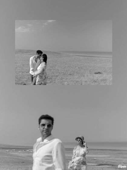 An artistic black and white collage capturing candid and posed moments in the Baku desert. This highlights the moody and romantic style I can bring to your pre-wedding photos.