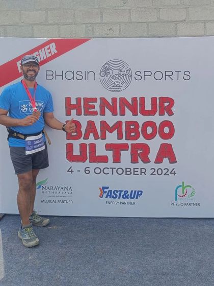 A proud finisher at the Hennur Bamboo Ultra. This event is a favorite for its beautiful, natural trail and the incredible test of endurance it offers.